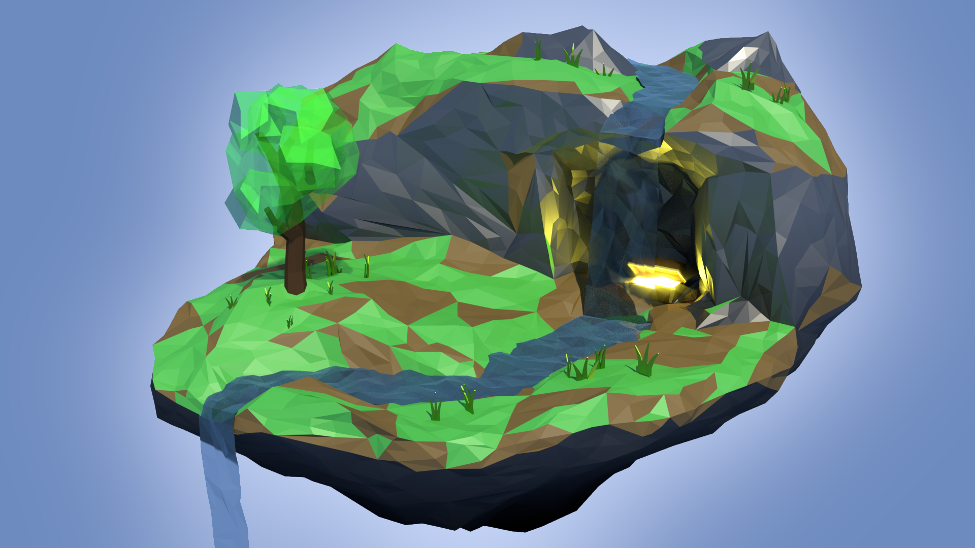 3D rendering, low poly style. A rock floating like an island in the sky, its surface covered with grass and dirt. On the left there is a tree. A river flows across the island, starting at an elevation, going down a level with a water fall, then finally flowing off the island in another waterfall. Behind the first waterfall is a cave with a treasure chest. The chest is half open and glowing in gold.